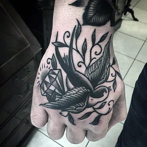 Swallow Diamond Traditional Guys Hand Tattoos