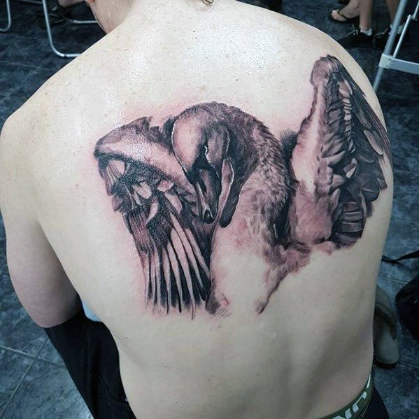 Realistic swan tattoo on the upper back with wings extended mid-motion, showcasing detailed feathers and a graceful yet powerful presence.