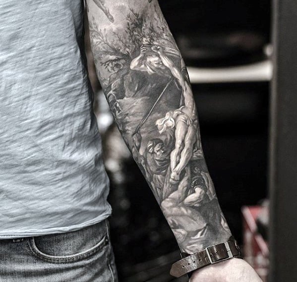 Sweet Detailed Mens Jesus On The Cross Forearm Sleeve Tattoo Ideas