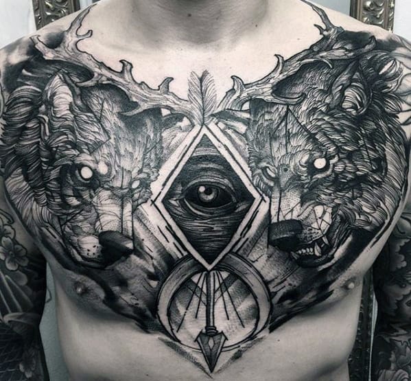 Sweet Guys Sketched All Seeing Eye Wolves Chest Tattoo