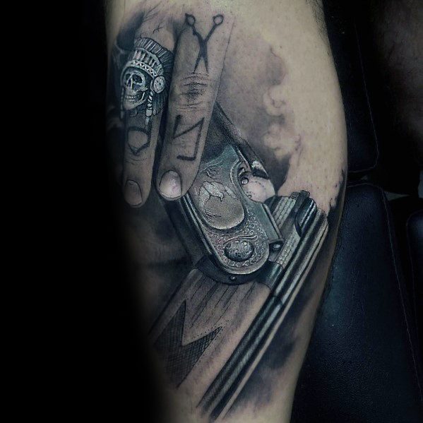 Hyper-realistic black and grey tattoo of a hand gripping a double-barrel shotgun, featuring intricate shading, fine details, and dramatic depth.