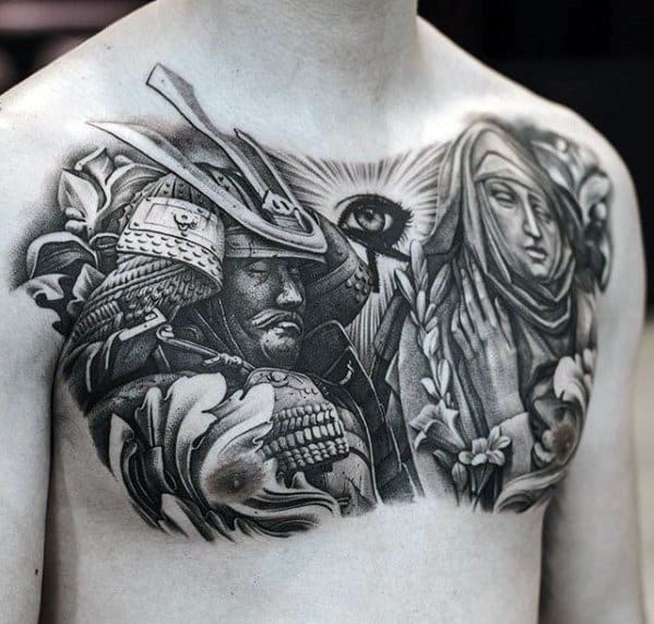 Sweet Masculine Mens Samuari Shaded All Seeing Eye Chest Tattoo