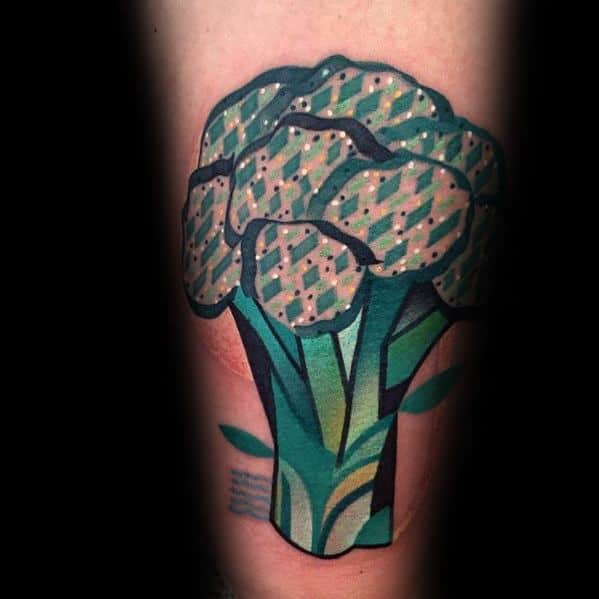 Abstract broccoli tattoo with geometric patterns and bold colors, creating a unique and artistic design with a modern twist.