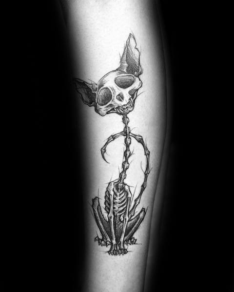 Dark surreal cat skeleton tattoo with exaggerated bones and eerie details, creating a haunting and artistic design.