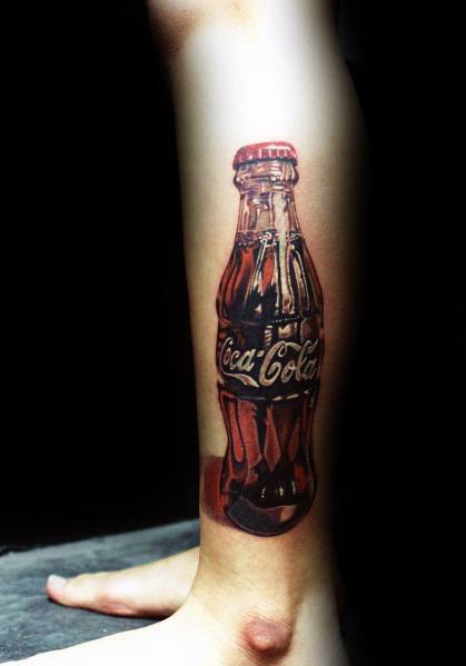 Hyper-realistic Coca-Cola bottle tattoo with detailed reflections, deep shading, and a 3D effect, creating a lifelike glass bottle appearance.