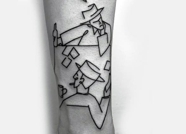 Minimalist continuous line tattoo of two men at a table, featuring bold black ink with abstract geometric elements for a modern and artistic design.