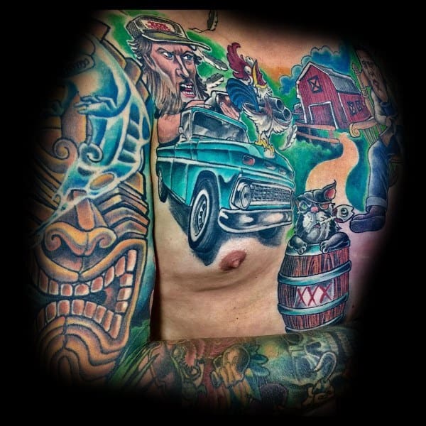 Vibrant cartoon-style chest tattoo with a blue truck, rooster, barn, moonshine barrel, and expressive farm characters in bold colors.