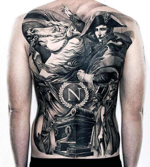 Sweet Mens Horseriding Roman Full Back Tattoo With Black And White Design
