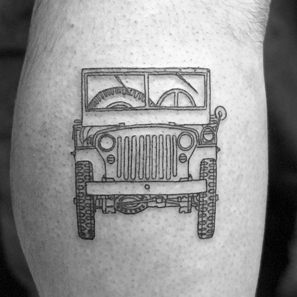 Minimalist black ink tattoo of a classic Jeep front view, featuring fine line detailing of the grille, headlights, and windshield for a vintage look.