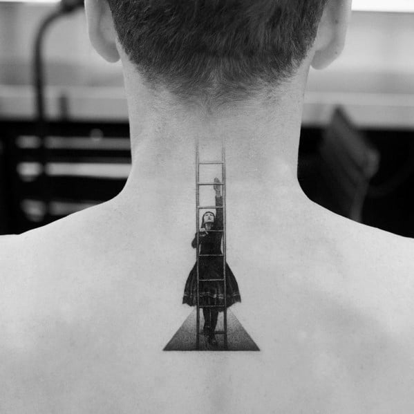 Artistic tattoo of a figure climbing a ladder within a triangle, symbolizing ambition, ideal for men's upper back or neck placement.