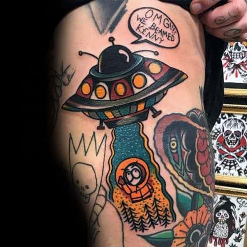 South Park tattoo of Kenny being abducted by a UFO, featuring bold colors, intricate shading, and a speech bubble saying, 'OMG!!! We beamed Kenny!!!'
