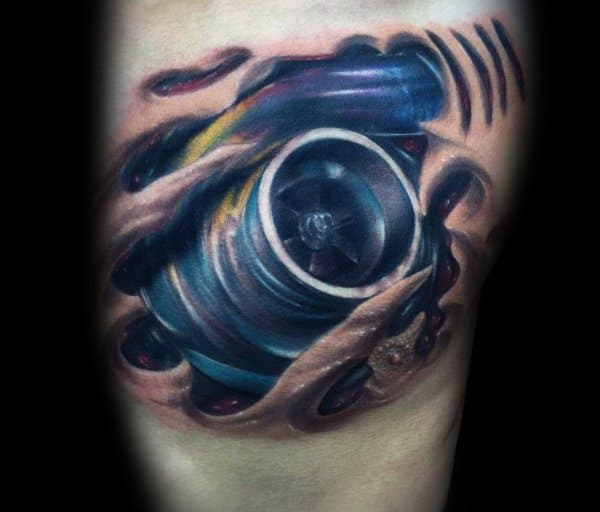 Hyper-realistic turbocharger tattoo with a **ripped skin effect**, featuring vibrant colors and metallic detailing, symbolizing speed, power, and mechanical passion.