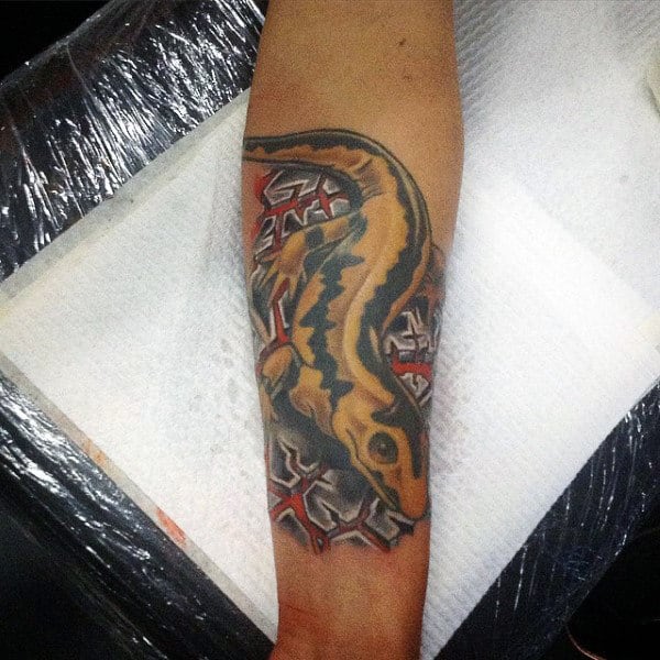 Sweet Yellow Lizard Tattoo On Forearms Guys