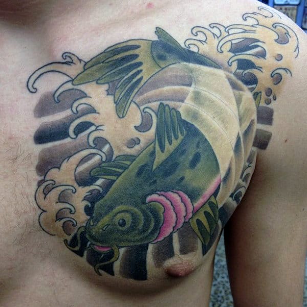 Swimming Catfish Male Japanese Chest Tattoos