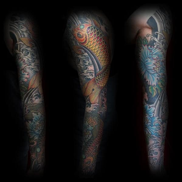 Swimming Koi Fish With Flowers Guys Japanese Full Arm Sleeve Tattoo