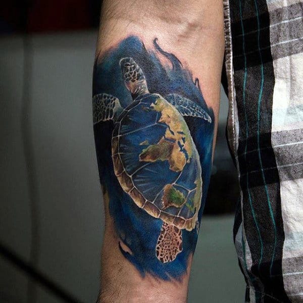 Swimming Realistic Turtle Mens Colorful Inner Forearm Tattoo Deisgns