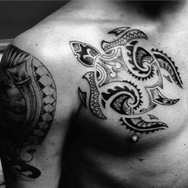 Swimming Tribal Turtle Guys Shaded Upper Chest Tattoos