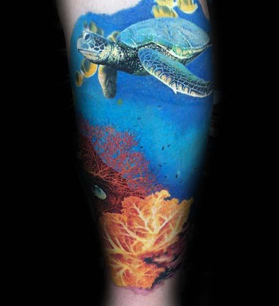 Swimming Turtle Above Coral Reef Guys Ocean Tattoo Sleeve Designs