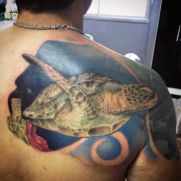Swimming Turtle Negative Space Blue Ink Waves Mens Upper Back Tattoos
