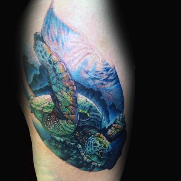 Swimming Turtle Tattoo On Thigh For Guys