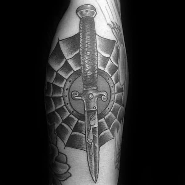 Switchblade Mens Tattoo Ideas On Arm With Spider Web Design