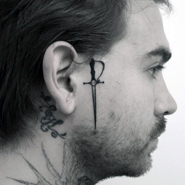 Sword Coolest Small Mens Head Tattoo Designs