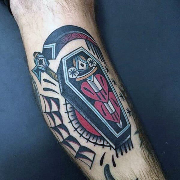 Sword Through Hearts Coffin Tattoo On Gentleman