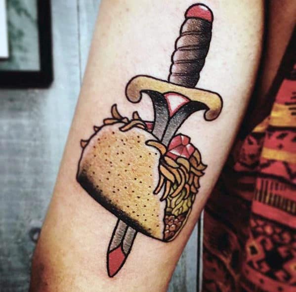 Sword Through Taco Mens Back Of Arm Tattoo