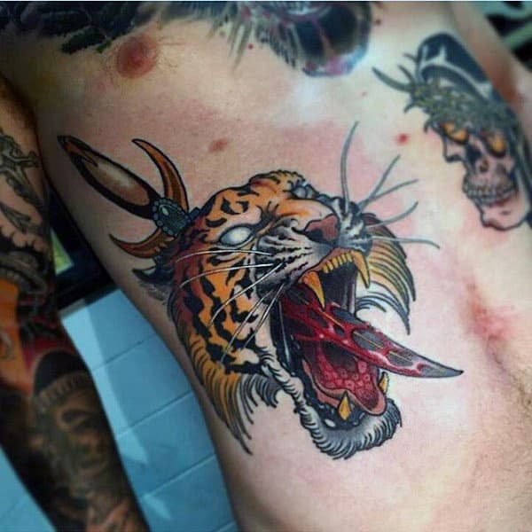 Sword Through Tiger Mens Traditional Rib Cage Side Tattoos