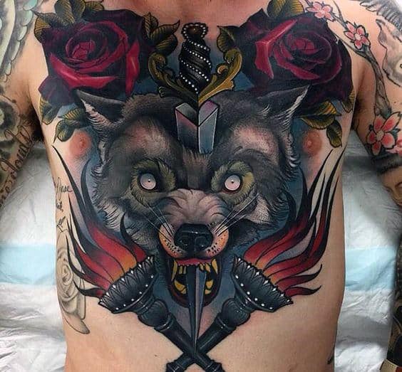 Sword Through Wolf With Flaming Torches Mens Full Chest Tattoo Designs