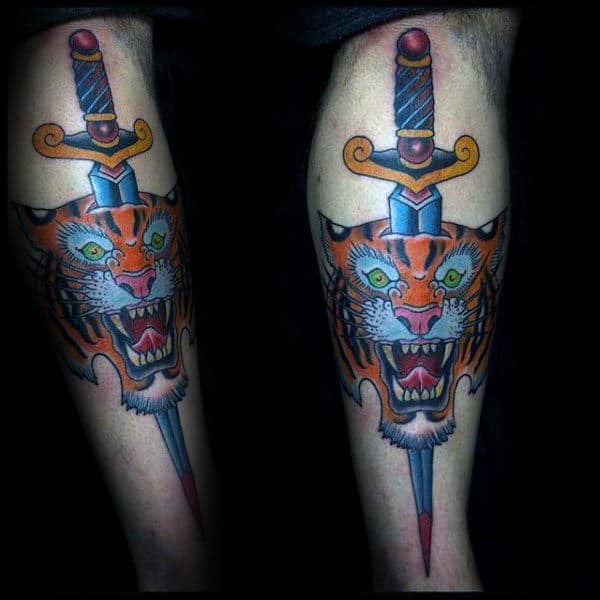 Sword Tiger Male Full Arm Traditional Tattoos