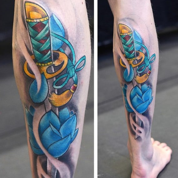 Sword With Blue Lotus Flower Mens Leg Tattoos