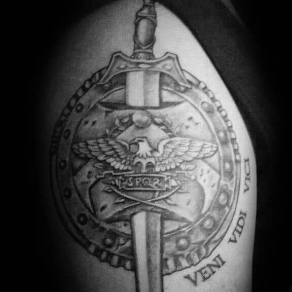 Sword With Spqr Veni Vidi Vici Mens Arm Tattoos