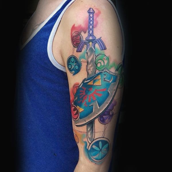Sword With Zelda Shield Guys Video Game Upper Arm Tattoos