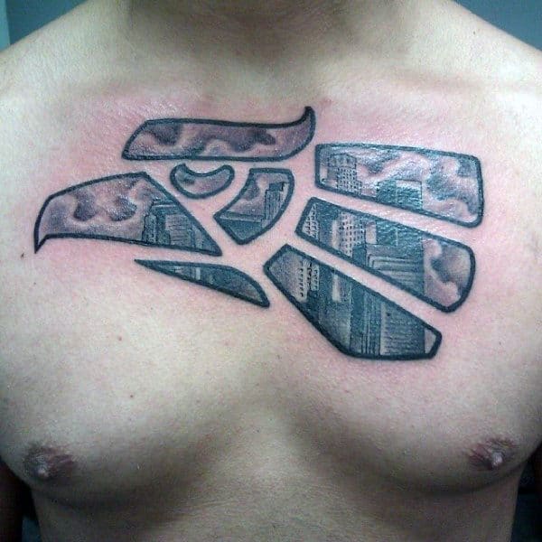 Symbol Mexican Eagle Mens City Skyline Chest Tattoo