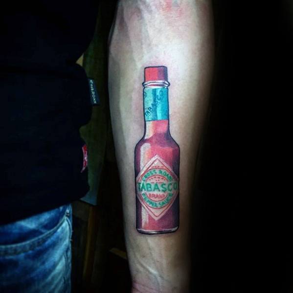 Tabasco Sauce Bottle Mens Small Detailed Tattoo On Inner Forearm