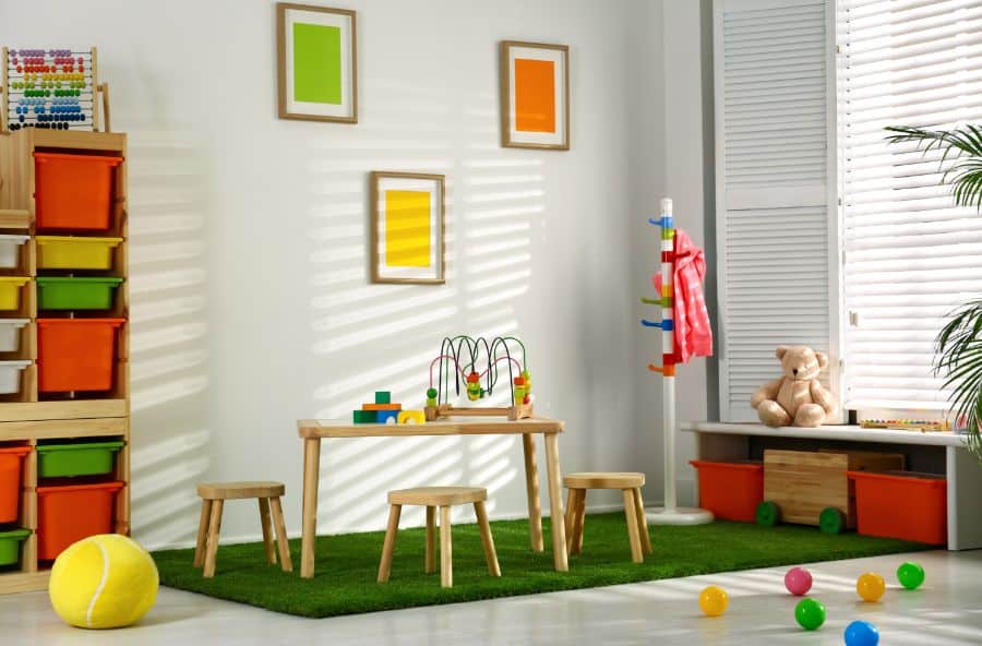 wood table and chairs in kids playroom