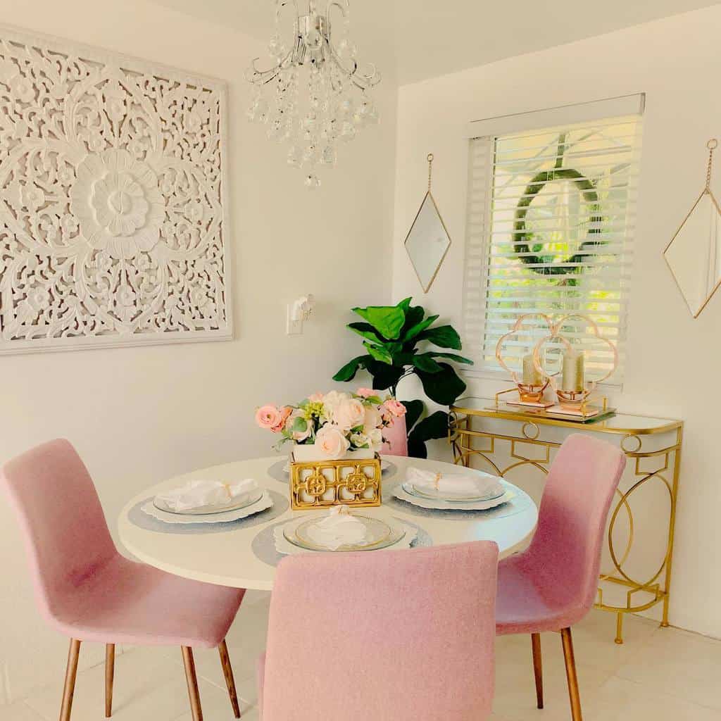 white dining table pink chairs and gold table