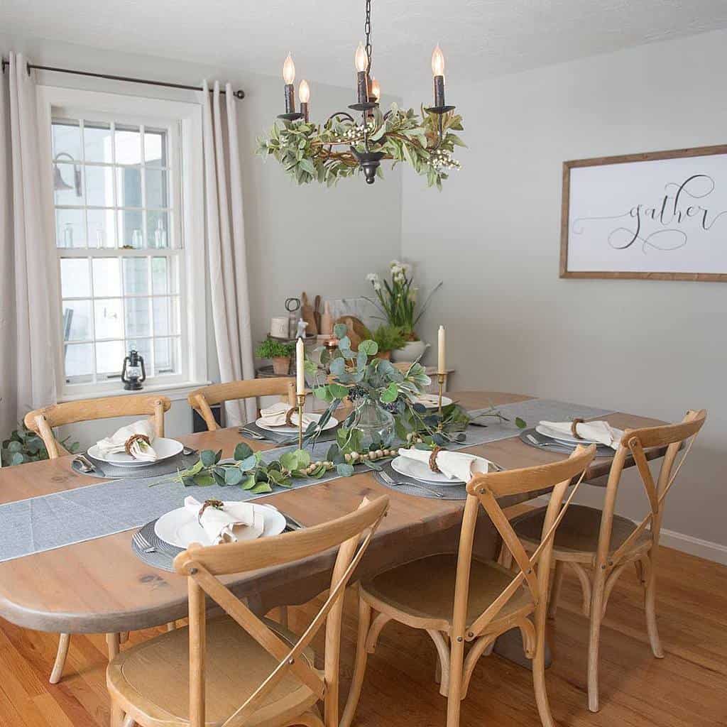 farmhouse style dining room with chandelier