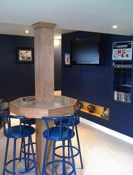 Basement with a wooden pole table, bar stools, navy walls, and a mounted TV for entertainment.