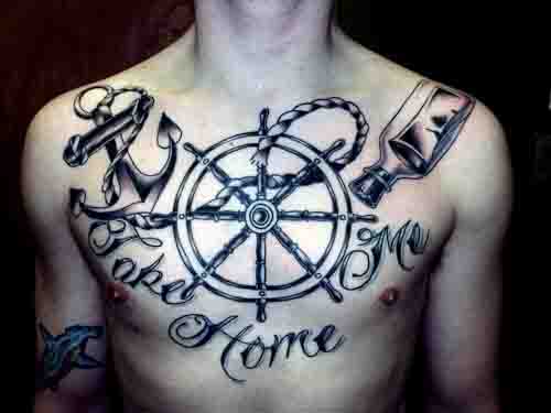 Take Me Home Nautical Themed Ship Wheel Tattoo For Men On Chest