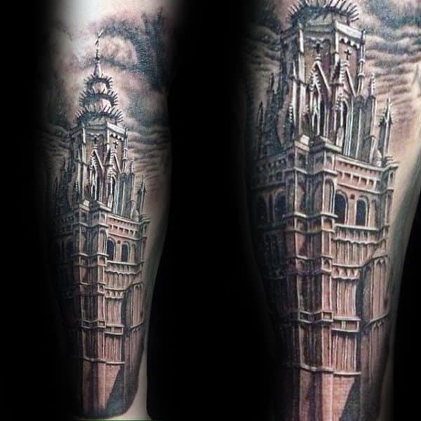Tall Building With Architectural Design Mens Forearm Tattoo
