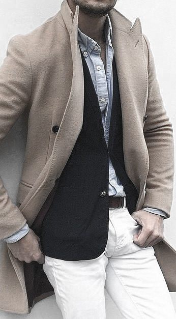 Tan Coat Light Blue Dress Shirt What To Wear With White Jeans Outfits Male Style