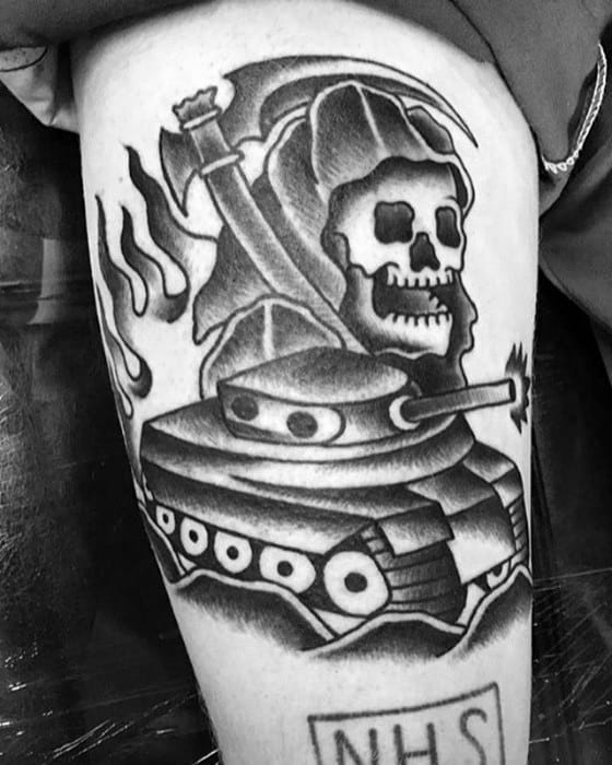 Bold blackwork tattoo of the Grim Reaper emerging from a tank, blending classic death symbolism with military imagery in a traditional style.