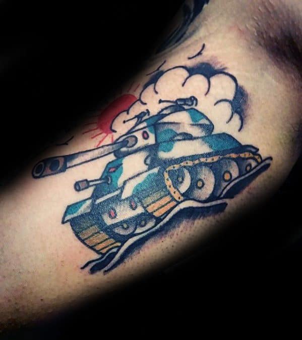 Colorful traditional-style tattoo of a blue camo tank with bold outlines, rising smoke, and a red sun in the background for contrast.