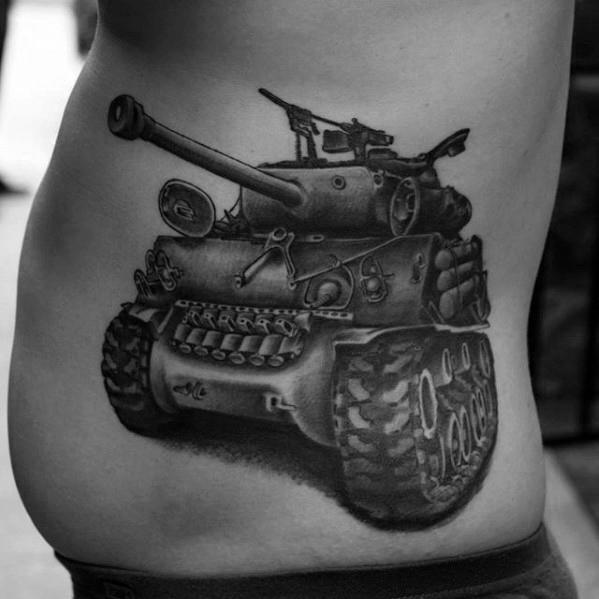 Realistic black and grey tattoo of a WWII tank on the side torso, featuring detailed wheels, front armor, and turret with strong shading.