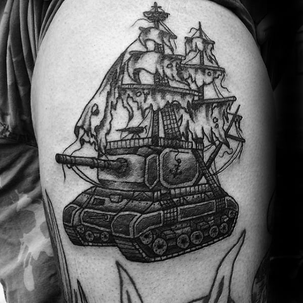 Creative blackwork tattoo blending a tank with a pirate ship, featuring sails, cannons, and detailed linework for a bold, surreal design.