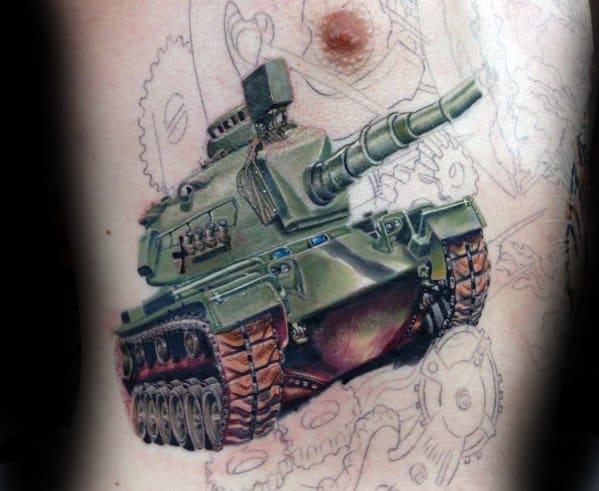 Hyper-realistic green tank tattoo on the torso with vibrant color detailing, strong shadows, and a three-quarter perspective over a sketchy background.