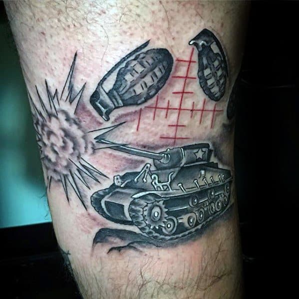 Black and grey tattoo of a tank firing with exploding grenades above and red tally marks in the background, creating a bold war-themed design.