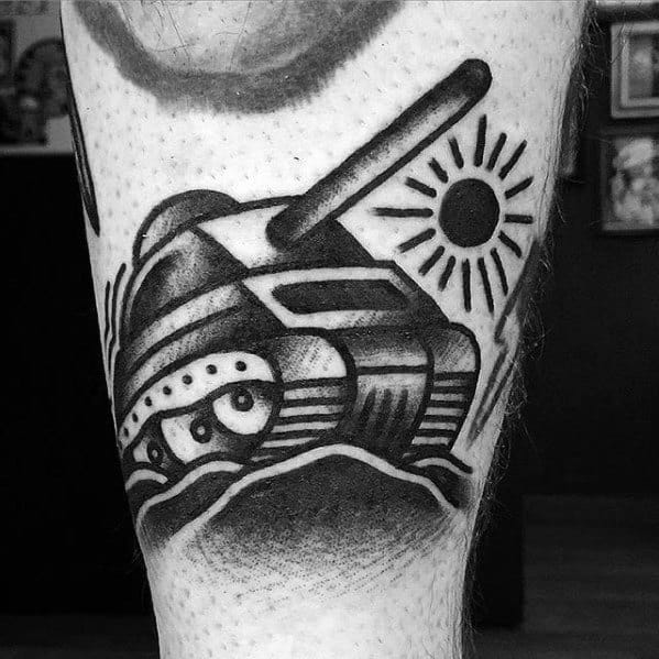 Bold blackwork tank tattoo with a simple sun and terrain, using thick lines, solid black shading, and a classic traditional style.